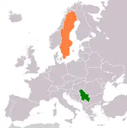 Map indicating locations of Serbia and Sweden