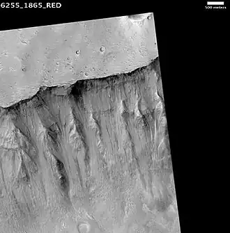 Shalbatana Vallis, as seen by HiRISE. The scale bar is 500 meters long.