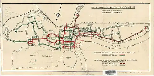 1939 tram map of the Shanghai International Settlement, showing disrupted routes