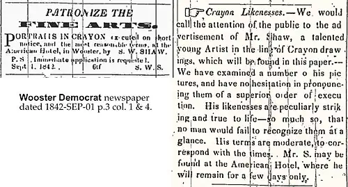 1842 Wooster Democrat newspaper ad by S. W. Shaw to execute portraits in crayon.[13]