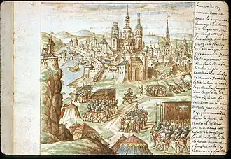 Siege of Rouen and the death of Antoine of Navarre from illuminated manuscript Carmen de tristibus Galliae, 1577, Municipal Library of Lyon, ms. 0156, fo 7.