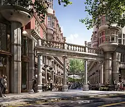 A computer rendering of a restored Sicilian Avenue, showing the colonnades, with pedestrians and diners seated at outside tables