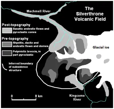 Map of glacial ice, rivers and volcanic deposits in an area of volcanic activity.