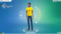 Screenshot of the "Create-a-Sim" function in The Sims 4. Controls pertaining to customizing the physical features, clothes and personality of the Sim are displayed.