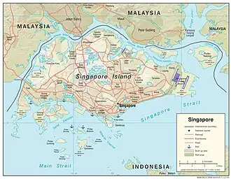 Detailed map of Singapore and Johor Malaysia with the Johor Strait outlines in blue.