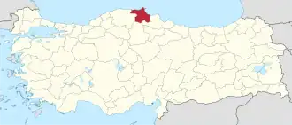 Sinop highlighted in red on a beige political map of Turkeym