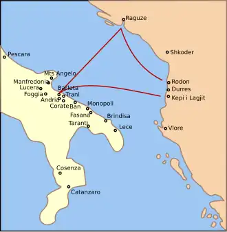 A map showing the routes taken Skanderbeg and his subordinates across the Adriatic Sea to Southern Italy.