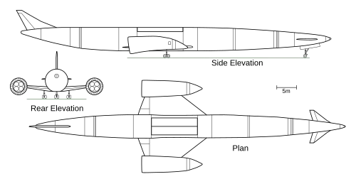 A 3-view drawing of Skylon