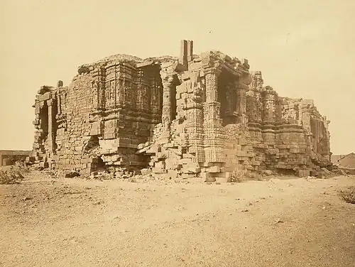 The Somnath Temple in Gujarat was repeatedly destroyed by Islamic armies and rebuilt by Hindus. It was destroyed by Delhi Sultanate's army in 1299 AD.[73] The present temple was reconstructed in Chalukyan style of Hindu temple architecture and completed in May 1951.[74][75]