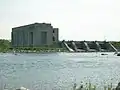 US Army Corps of Engineers hydroelectric plant seen from across the St. Marys Rapids