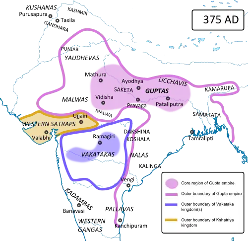 Approximate extent of the Gupta territories (pink) in 375 CE