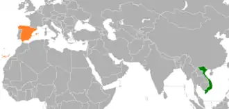 Map indicating locations of Vietnam and Spain