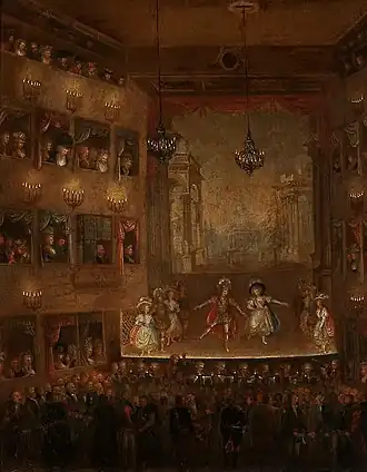 Play in the presence of king Stanisław II August, 1790. The painting depicts the interior of the first National Theatre in Warsaw situated at the Krasiński Square. This theatre was generously supported by Elżbieta Lubomirska.