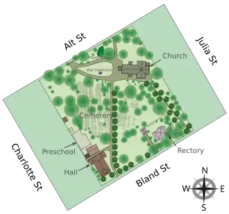 Vector graphics site map with streets, buildings, the cemetery, pathways, and trees marked.