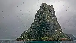 A large, triangular rock rises from the misty waters, with more islands behind and northern gannets flying around it.