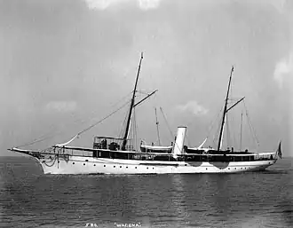 Wadena, the steam yacht of J. H. Wade II, is seen underway on 15 July 1897. Wadena was converted to a patrol boat for the United States Navy during World War I