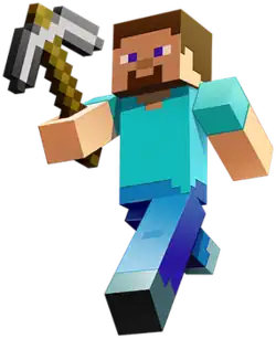 A voxel-like man with a light-blue shirt, purple pants, gray shoes, and brown hair walks to the left with a pickaxe in his right hand.