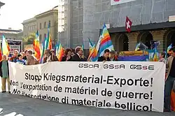 A demonstration, in front of the Federal Palace of Switzerland, in support of the federal popular initiative "for a ban on the export of military equipment", in 2007