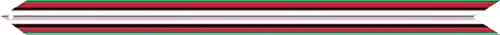 A multicolored streamer with (from outer to inner) green, red, black (the three colors of the Afghan flag), white, red, and white again horizontal stripes with a blue horizontal stripe in the center
