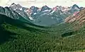 Fisher Peak (center) with Black Peak (left) and Graybeard Peak (right) seen from the Pacific Crest Trail above Swamp Creek