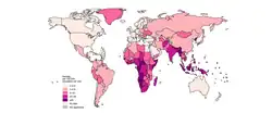 Map showing the rate of TB deaths worldwide in HIV-negative people, by country, 2023.[153]