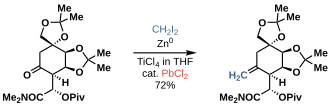 The DuBois Group leveraged the Takai-Oshima-Lombardo methylenation on an intermediate alpha-chiral ketone in their pursuit of (-)-tetrodotoxin with decent yield and no loss of stereochemical information.