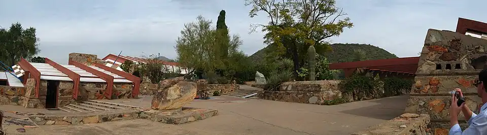 Facades of the office and main building at Taliesin West, as seen from the entrance court