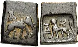 Taxila coin with elephant and lion (185–168 BCE)