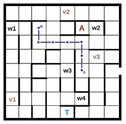 Game map with squares, letters, numbers and lines