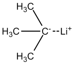 Skeletal formula of tert-butyllithium with all implicit hydrogens shown, and partial charges added