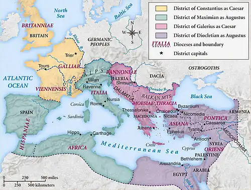 A map showing the division of the Roman empire c. 300