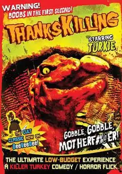 A demonic turkey is surrounded by the film's various taglines and other texts.