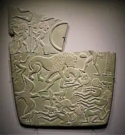 The Battlefield palette; 3100 BC; mudstone; width: 28.7 cm, depth: 1 cm; from Abydos (Egypt); British Museum (London)