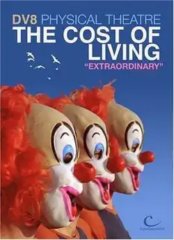 The faces of three identical clowns standing side by side, facing right, on a sky blue background with title text written above, DV8 PHYSICAL THEATRE, THE COST OF LIVING, "EXTRAORDINARY". The "Digital Classics DVD" logo is in the bottom right corner
