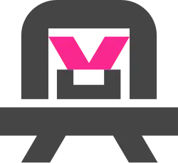Angryman, a robot mascot with pink eyes