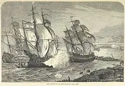 A draing of several sailing-ships, one firing its cannons