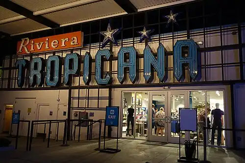 Gift shop exterior featuring signs for the Riviera and Tropicana resorts