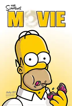 Film poster showing Homer Simpson eating a donut, having removed it from the film's logo above