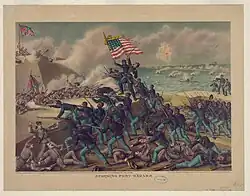 The 54th Massachusetts Infantry, the second African-American regiment organized by the Union, assaulting the garrison of Fort Wagner. Battle: July 18, 1863. Lithograph: 1890
