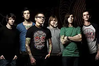 The Devil Wears Prada band in 2009, with Williams on the far left