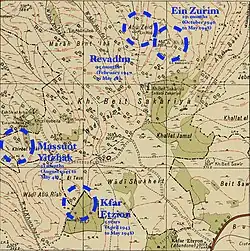 The four kibbutzes of the Gush Etzion at the time of the 1948 war (Kfar Etzion, Ein Zurim, Massuot Yitzhak, Revadim) overlaid on a 1943 Survey of Palestine map