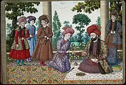 Grand vizier Shah Quli Khan presents a ring, 1694-95. Attribution contested; possibly Muhammad Sultani or Muhammad Zaman. St. Petersburg Muraqqa