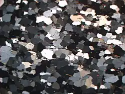 Thin section of quartzite from Salangen, Troms county, Norway, showing elongate crystals associated with high strain regimes