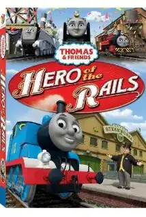 Spencer, Hiro, and Victor are seen at Brendam Docks (from left to right). Underneath them is the Thomas & Friends logo with a red oval with the words "HERO of the RAILS" underneath it. Underneath the logo is Thomas puffing with the Fat Controller next to him at the Sodor Steamworks.