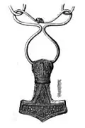 Drawing of a 4.6 cm gold-plated silver Mjölnir pendant found at Bredsätra on Öland, Sweden
