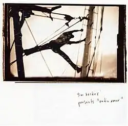 A person grabbing onto a boat's ropes, with the following text below: tim hecker presents "radio amor".