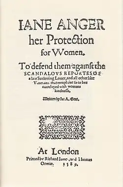 Title page Jane Anger her Protection for Women 1589