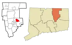 Storrs' location within Tolland County and Connecticut