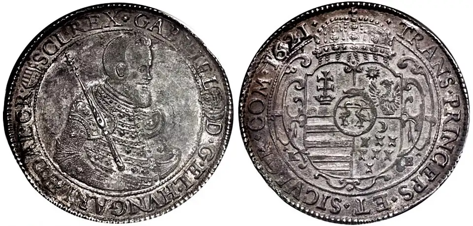 Transylvanian Thaler of Gabriel Bethlen showing his portrait and coat of arms including an ouroboros in the center of the shield (1621)