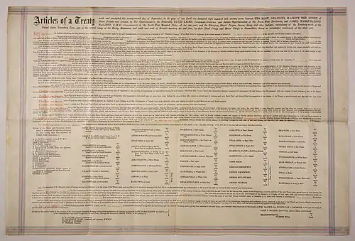 A large piece of parchment paper on which is written the terms of Treaty 7.